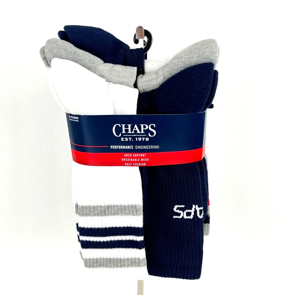 Chaps Men’s Racer Stripe Athletic Crew Socks 6 Pairs Shoe Size 6-12.5 New w Tags